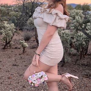 Windsor cream/glitter off the shoulder mini dress